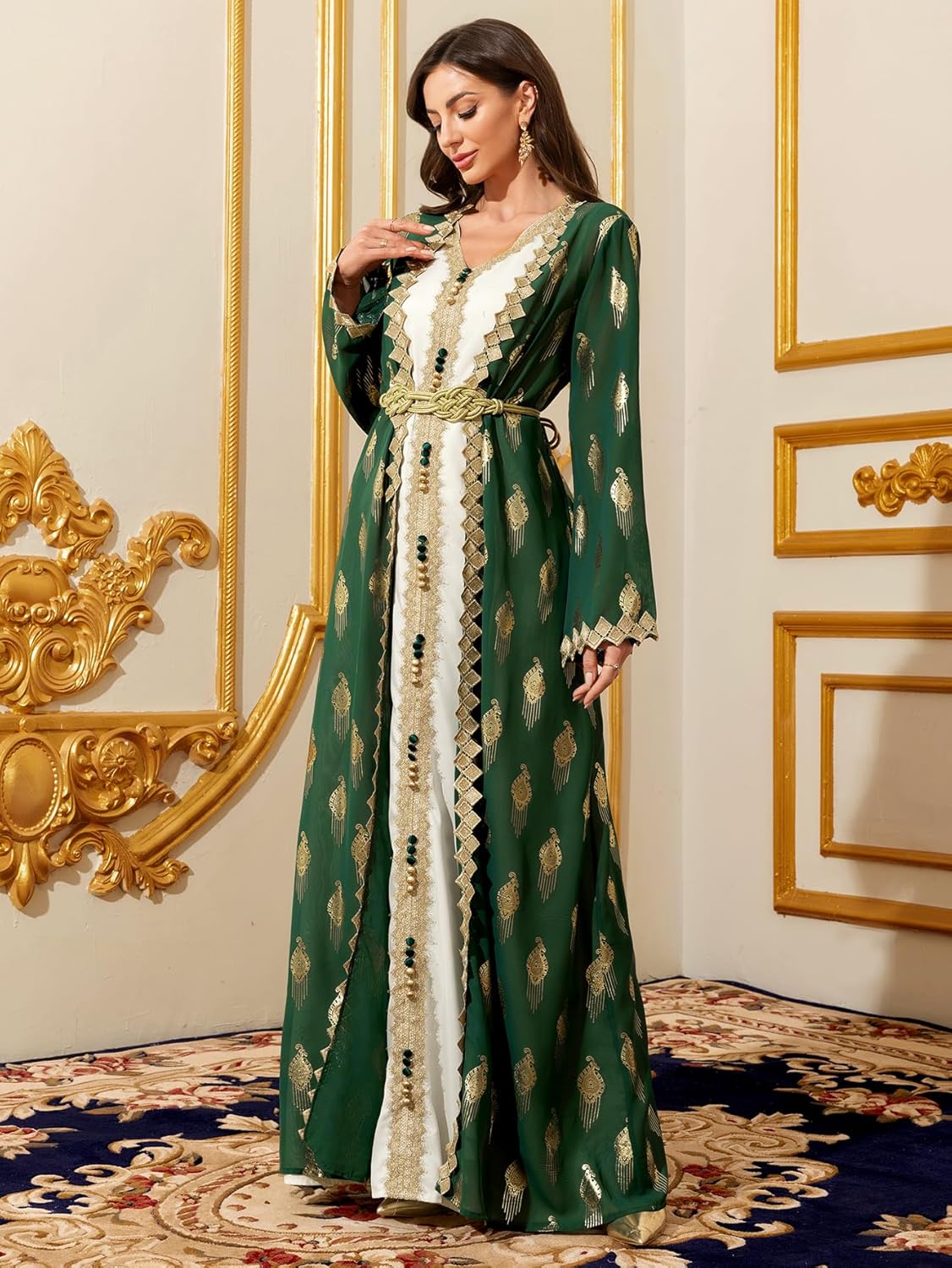 Middle Eastern Modest Maxi Dress - Muslim Moroccan Kaftan Abaya for Women Gold Embroidered Eid Dress Islamic Traditional Wear
