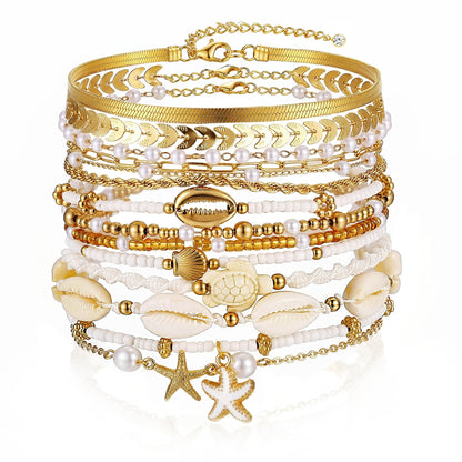 FAXHION Boho Gold Beaded Bracelets for Women, Starfish & Shell Pendant Bracelet Stack, Gold Bracelet Set Summer Beach Jewelry Gifts