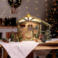 Christmas Nativity Stable, Christmas Decoration Resin Nativity Scene, Hand Painted Jesus Birth Manger Figurines with LED Light, Classic Xmas Table Ornaments for Holiday Indoor Tabletop Fireplace Gift