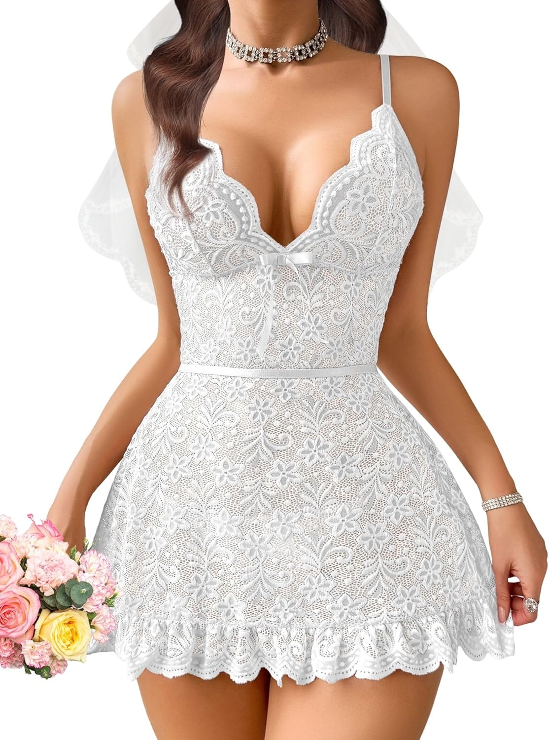 Women Babydoll Lingerie Lace Chemise Sexy Nightgown Ruffle Hem Sleep Dress