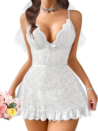 Women Babydoll Lingerie Lace Chemise Sexy Nightgown Ruffle Hem Sleep Dress