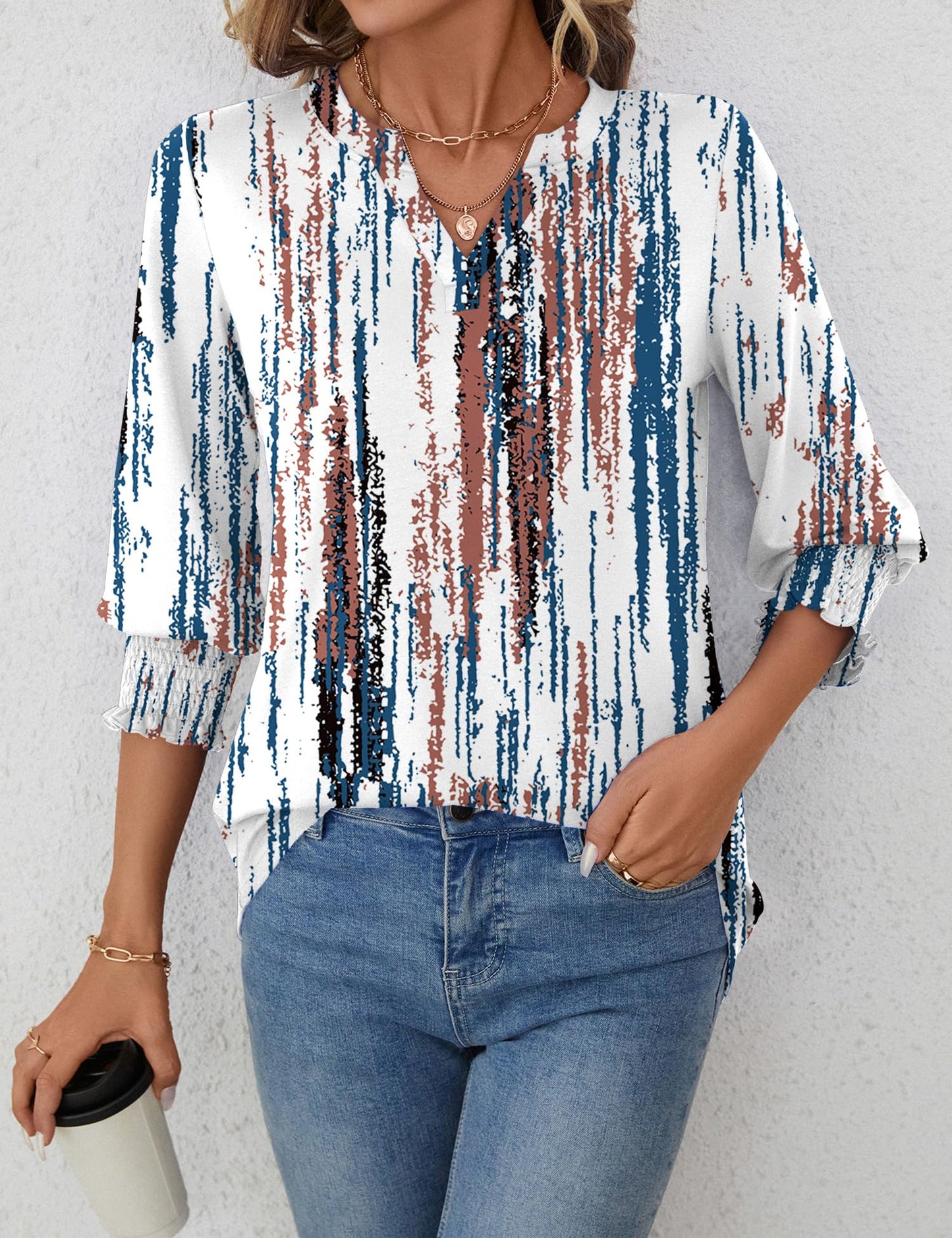 LOMON Blouses for Women Dressy Casual 3/4 Sleeve Tops for Women V Neck T Shirt Ladies Tops and Blouses Orange Blue Print L