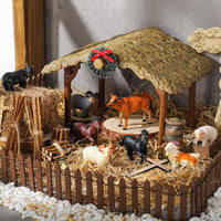 Thyle 20 Pcs Christmas Nativity Scene Manger Shed Kits Miniature Stable for Christmas Nativity Table Top Decor Including Thatched Roof, Fence, Farm Animals, Hay Bales & Tools Firewood Pile Cow