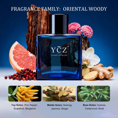 Ycz Midnight Marine Eau de Parfum for Men, 1.7 Fl Oz (50 mL), Long-Lasting Cologne, Fresh Marine & Woody Fragrance with Grapefruit, Ginger and Cedar Notes for Daily Wear, Date Night and Gifts