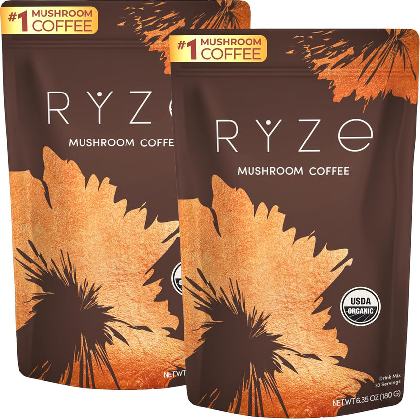 RYZE SUPERFOODS Mushroom Coffee USDA Organic with 6 Adaptogenic Mushrooms and MCT Oil, USA Grown Instant Coffee for Better Energy, Focus, Digestion, Immunity with Lions Mane & Turkey Tail, 30 servings