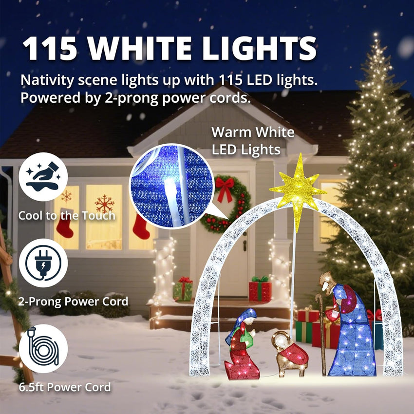 Outdoor Nativity Scene Set Christmas Decorations, 52" H Lighted Arch Holy Family Holiday Yard Decors Set, 115 Warm White LED Lights, Classic Xmas for Lawn, Garden, Easy Assembly