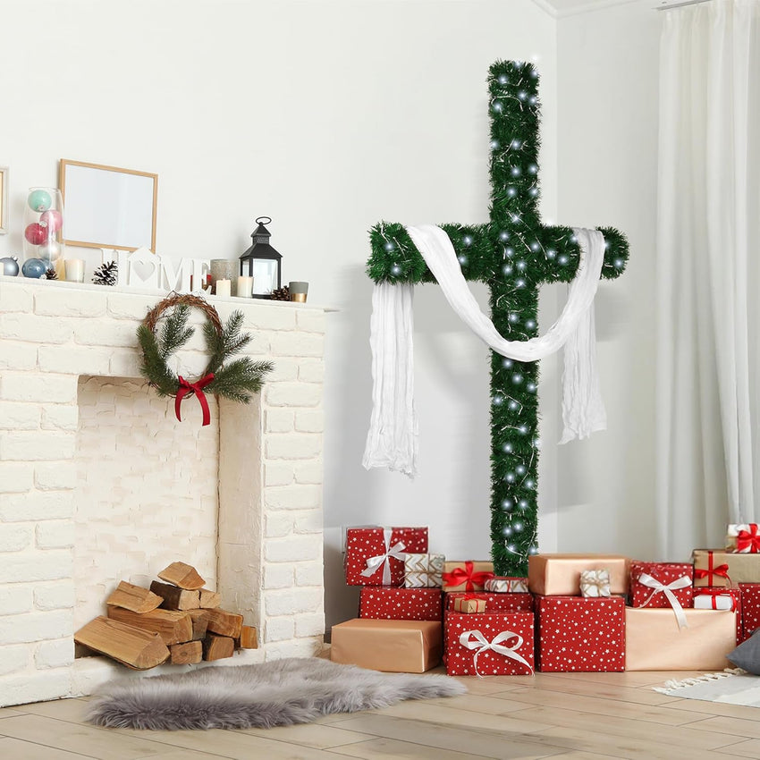 74-Inch Lighted Christmas Cross Tree with 200 Cool White LED String Lights, Religious Indoor Holiday Decor with Scarves & Vines – Christian Catholic Jesus Home Decoration