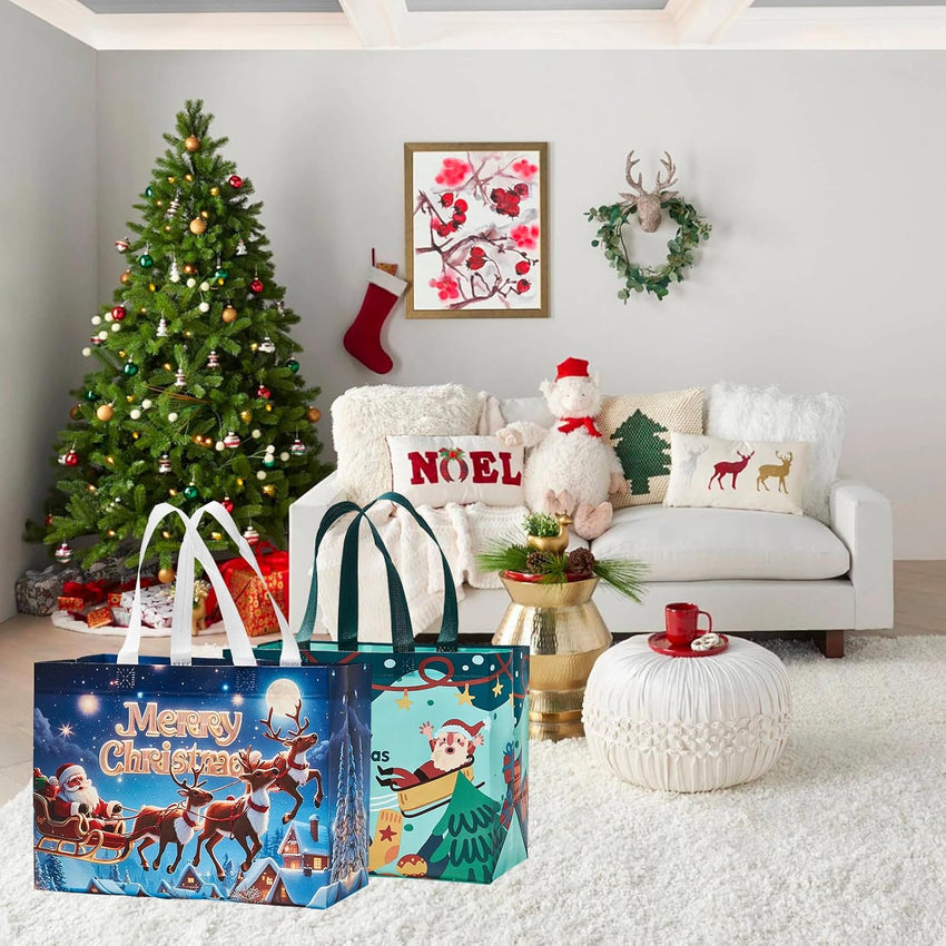 24 Pack Large Christmas Gift Bags 12.8"*6.7"*9.8", Reusable Non-Woven Jumbo Tote Bags with Handles For Christmas Surprise, Xmas Party Supplies Wrapping Shopping
