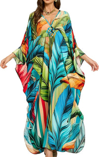 Women Kaftan Dresses Plus Size V-Neck Batwing Sleeves Beach Cover Up 2025 Summer Floral Print Caftan Dress