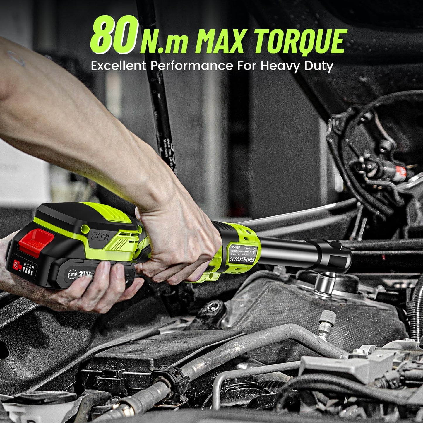 3/8" Cordless Ratchet Wrench: 58Ft-lbs (80N.m) 400RPM Light Weight Electric Ratchet, 6'' Extended Neck, 2 x2.0Ah Battery, 8 Sockets, 3" Extension Bar, LED Light (RH80B)