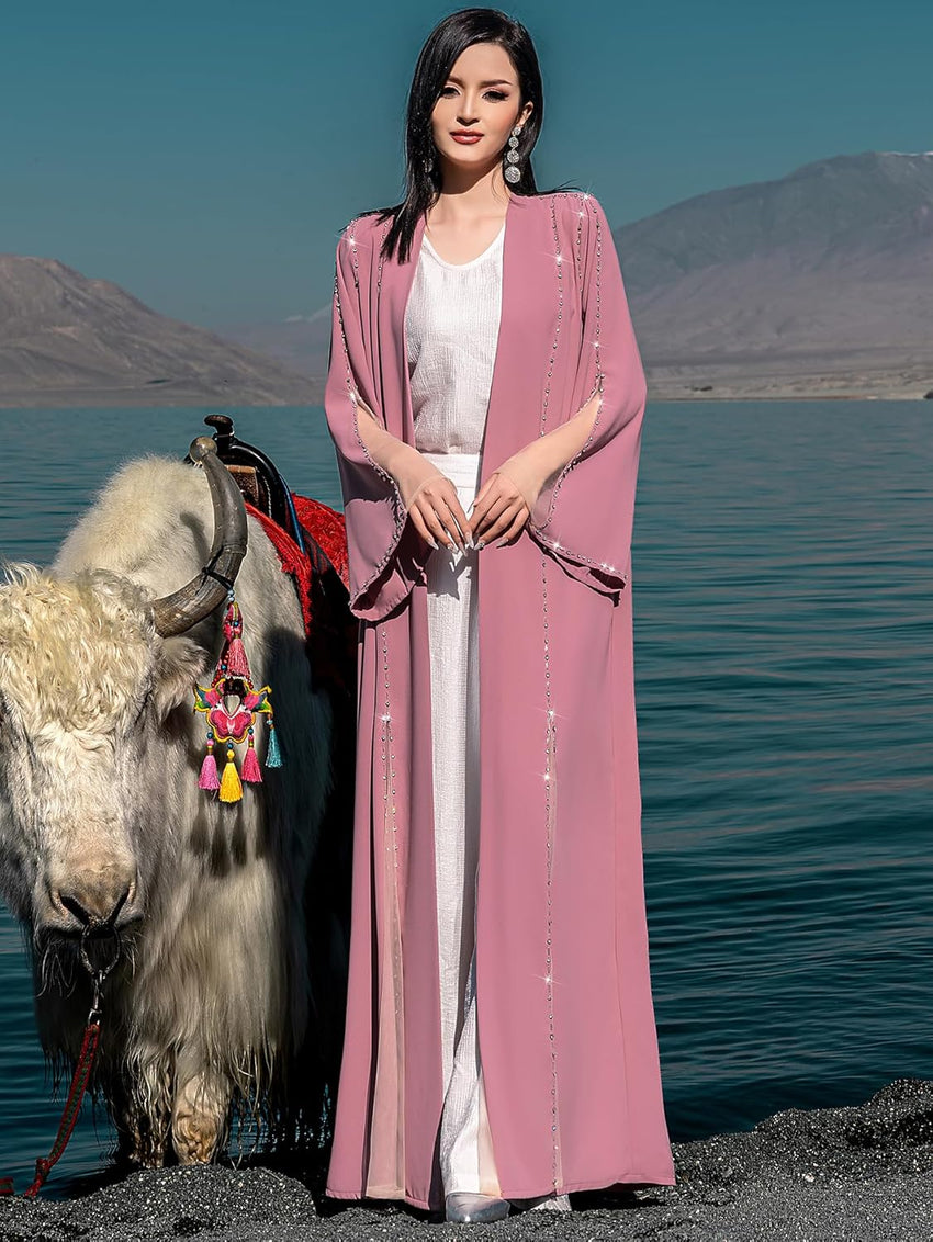 Elegant Beaded Abaya Robe, Open Front Long Sleeve Maxi Outerwear, Modest Cover-Up with Crystal Trim, NO INNER, Pink