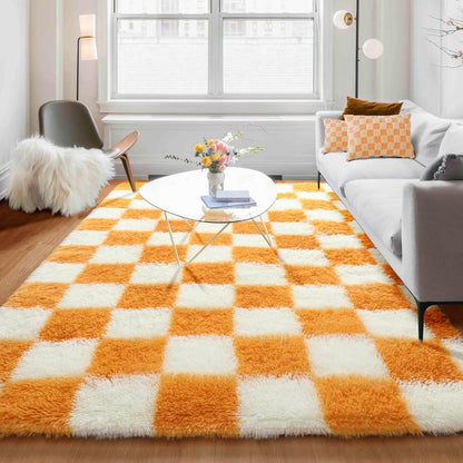 KICMOR Navy Blue and Cream White Rugs for Living Room, 4x6 Fluffy Fuzzy Shag Checkered Rug Shaggy Carpet for Bedroom, Soft Plush Area Rug for Nursery Toddler Room Classroom Study Room Kids Room