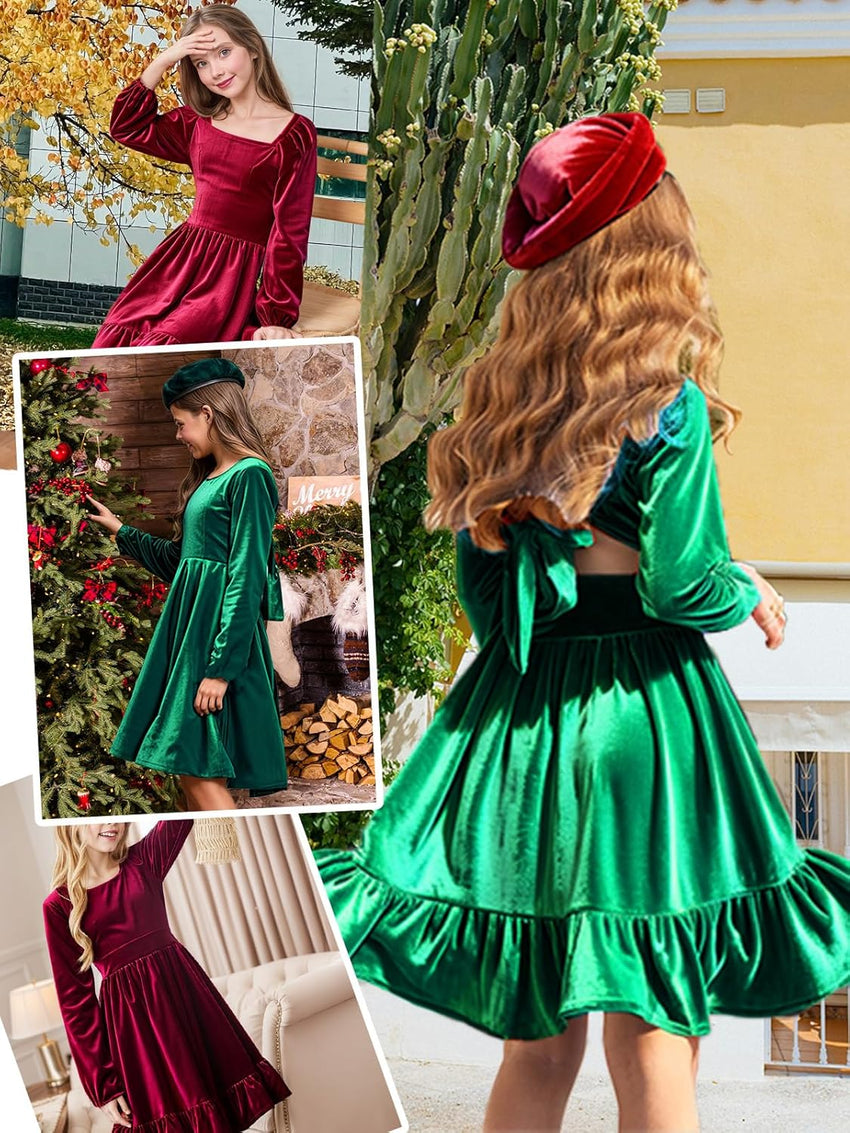 Girls Christmas Dress Fall Velvet Tie Back Long Sleeve Elegant Party Gifts for Outfits Kids Teen Winter Dresses