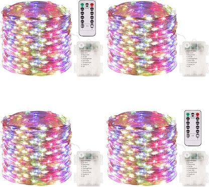 4 Pack 100 LED Fairy Lights Battery Operated with Remote, 33FT Waterproof Twinkle Lights with Timer & 8 Modes, Fairy String Light Outdoor Indoor for Bedroom Classroom DIY Christmas Decor (Warm White)