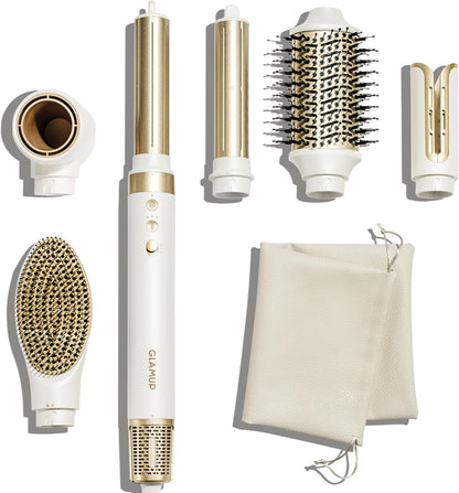 GLAMUP® 6 in 1 Hot Air Styler, Upgraded Long Barrel, Round Brush, Powerful High Speed Dryer, Tight Grip, Curling Volumizing Gift Set with Travel Bag