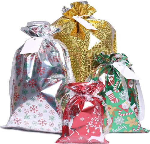 Christmas Gift Bags,40Pcs Santa Wrapping Bag in 4 Sizes and 4 Designs with Inserted Drawstring Ribbons and Tags for Wrapping Holiday