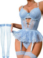 Women Lingerie Set Naughty Lace Bodysuit High Waisted Underwire Lingerie Babydoll With Garter Belt and Stockings