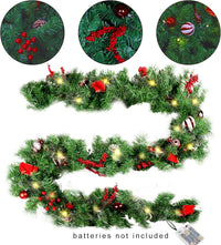 MorTime 9 FT LED Christmas Garland with Pinecones Red Berries Bows Christmas Balls Candies, Multi-Function Christmas Garland with 50 Warm White LED Lights, 180 Branch Tips