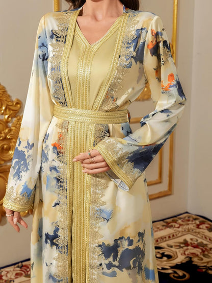 Abaya for Women Floral Embroidered Muslim Dress V-Neck Arabian Maxi Robe
