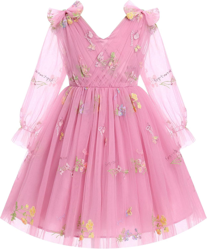IMEKIS Toddler Kids Girls Tulle Dress Floral Embroidery Sparkly Wedding Party Long Sleeve Fall Photo Shoot Outfit 2-8T