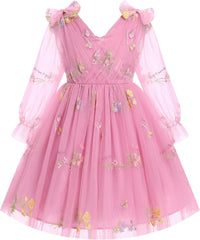 IMEKIS Toddler Kids Girls Tulle Dress Floral Embroidery Sparkly Wedding Party Long Sleeve Fall Photo Shoot Outfit 2-8T