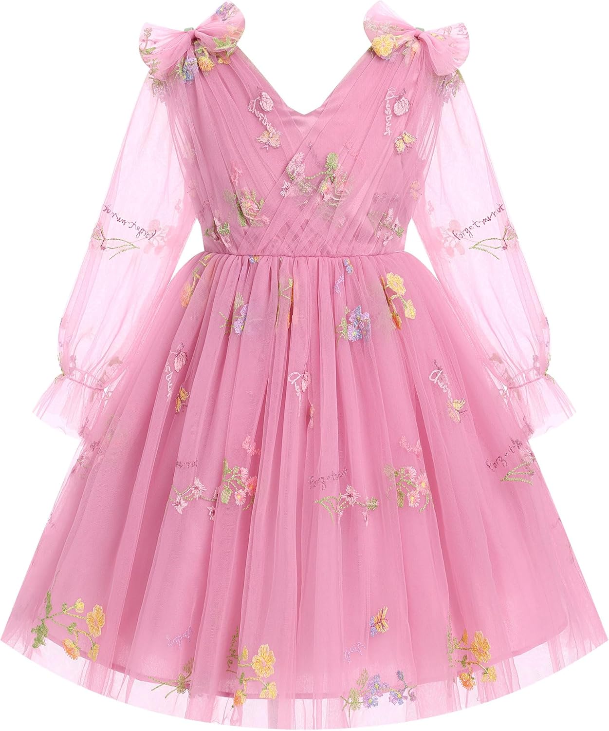 IMEKIS Toddler Kids Girls Tulle Dress Floral Embroidery Sparkly Wedding Party Long Sleeve Fall Photo Shoot Outfit 2-8T