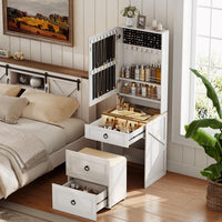 Makeup Vanity Desk with Mirror and Lights,Small Vanity Desk Set with Charging Station & Glass Top,Compact Dressing Table with Jewelry Cabinet & Storage Wheel Stool for Bedroom, Rustic Brown