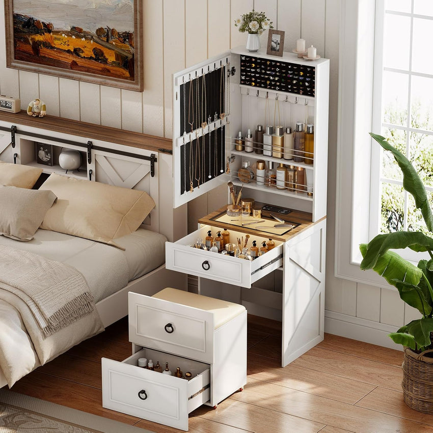 Makeup Vanity Desk with Mirror and Lights,Small Vanity Desk Set with Charging Station & Glass Top,Compact Dressing Table with Jewelry Cabinet & Storage Wheel Stool for Bedroom, Rustic Brown