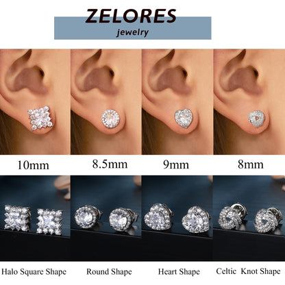 ZELORES 4 Pairs Sterling Silver 5A CZ Stud Earrings for Women 14K Gold Plated Brilliant Celtic Heart Big Stud Earrings Set Cubic Zirconia Earrings Studs for Sensitive Ear