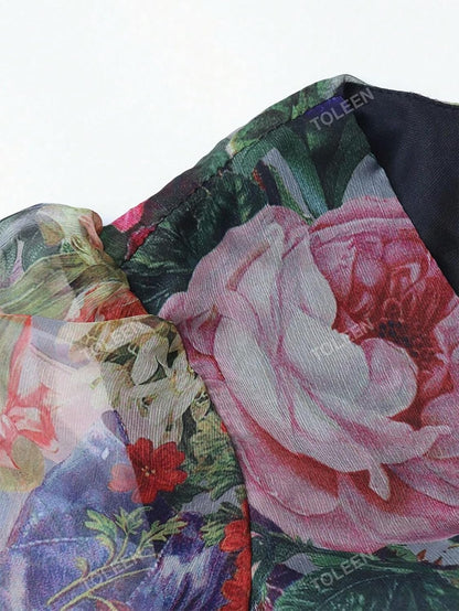 Summer Casual Dresses for Women 2024 Spring Fashion Boho V Neck Long Sleeve Ruffle Floral Print Elegant Maxi Dress