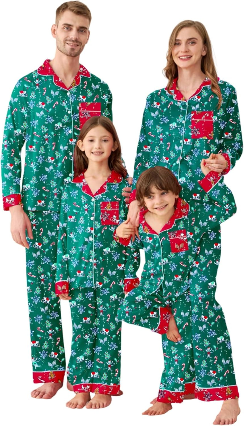 Satin Family Christmas Pajamas Set Soft Button Down Holiday Sleepwear Matching PJs for Couple Men Women Jammies Party
