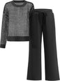 ANRABESS Womens 2 Piece Outfits Crochet Sheer Knit Sweater Top Wide Leg Pants Lounge Sets Sweatsuit 2025 Fall Travel Clothes