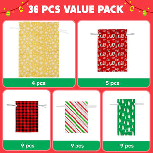 JOYIN 36 PCS Christmas Drawstrings Gift Bags Assorted Sizes(Large Medium Small), Xmas Reusable Plastic Bag for Presents Wrapping, Holiday Party Favors