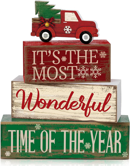 4 Pcs Christmas Table Decor Wooden Hot Cocoa Decoration Christmas Centerpiece Winter Tiered Tray Decor Decorative Red Hot Cocoa Block Signs Gift Farmhouse Xmas Decoration for Home Kitchen
