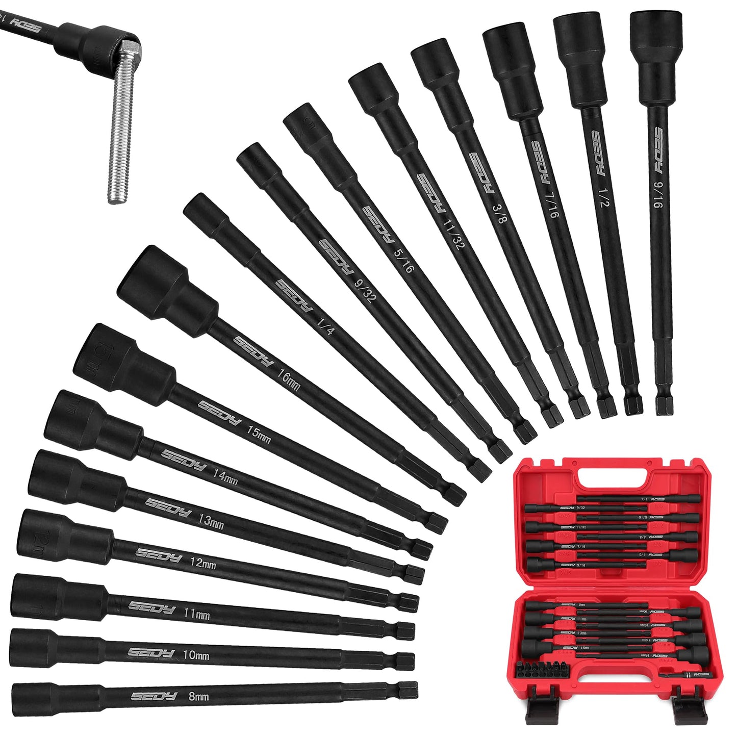 12-Piece Magnetic Nut Driver Set - Premium Impact Power Hex Nut Driver Drill Bit Master Kit, SAE & Metric, 1/4-Inch Quick-Change