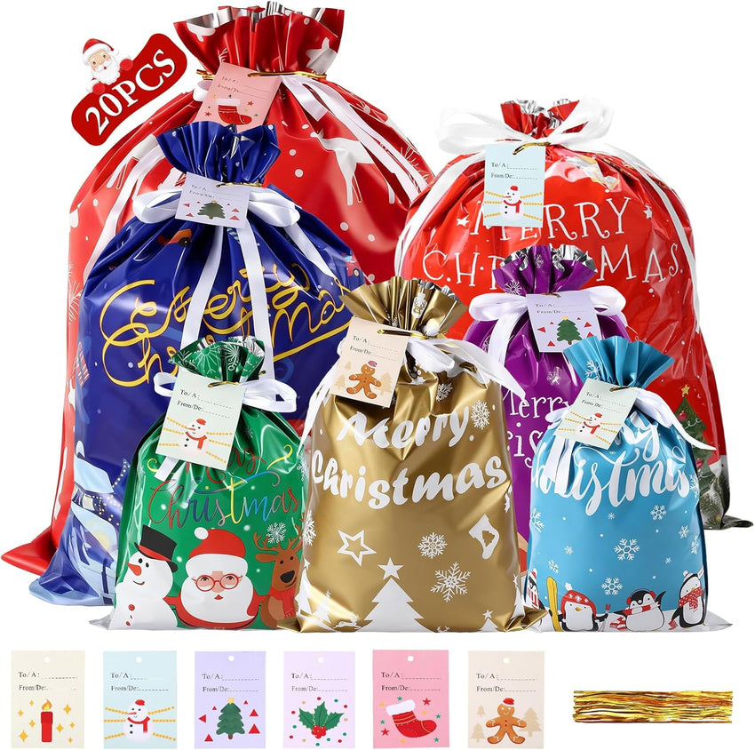 PARTTELY 30 Pack Drawstring Christmas Gift Bags Assorted Sizes Reusable Christmas Tote Bags Gifts Wrapping (22 Pack Drawstring Bags 8 Pack Tote Bags)