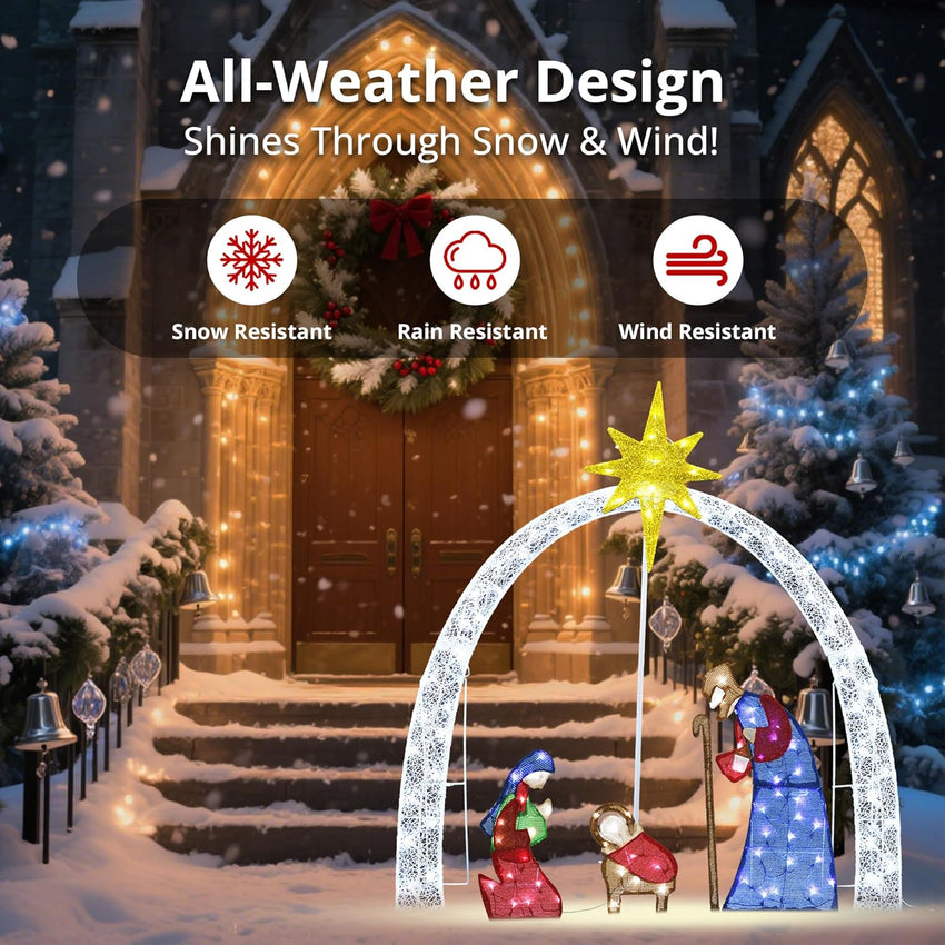 Outdoor Nativity Scene Set Christmas Decorations, 52" H Lighted Arch Holy Family Holiday Yard Decors Set, 115 Warm White LED Lights, Classic Xmas for Lawn, Garden, Easy Assembly