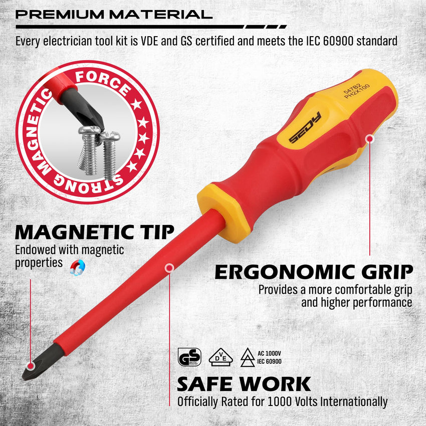 1000V Insulated Electrician Screwdriver Set - 13-Piece Professional Electrical Screwdriver Set Insulation Handle CRV Steel Magnetic Phillips Slotted Pozi Torx Tips VDE & GS Certified