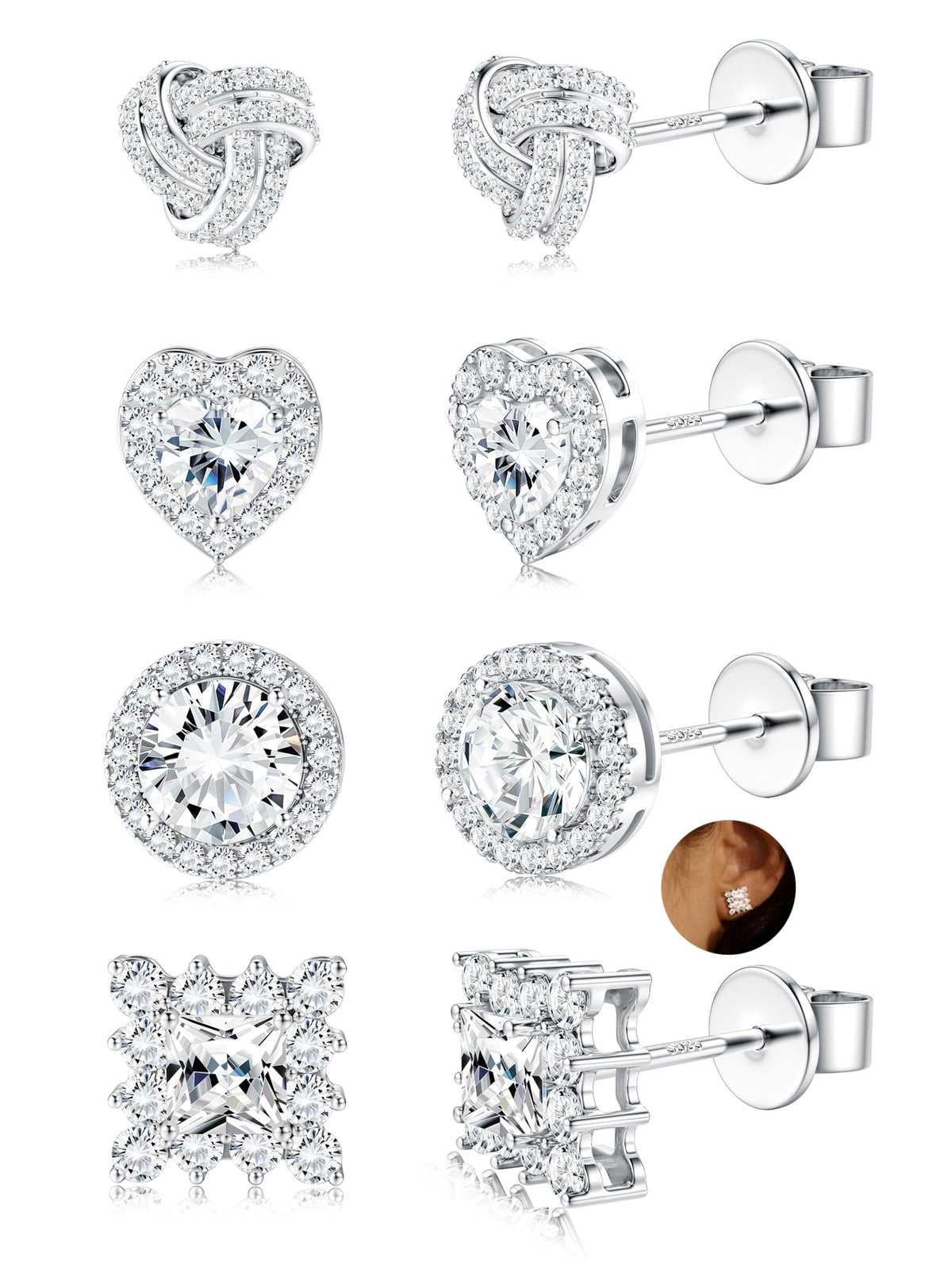 ZELORES 4 Pairs Sterling Silver 5A CZ Stud Earrings for Women 14K Gold Plated Brilliant Celtic Heart Big Stud Earrings Set Cubic Zirconia Earrings Studs for Sensitive Ear