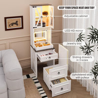 Compact Vanity with Hidden Chair | Mini Dorm Organizers and Storage Dressing Table Desk Gift for Girls Lady with 2 Large Drawers Shelves Mirror Lights for Small Bedroom (White)