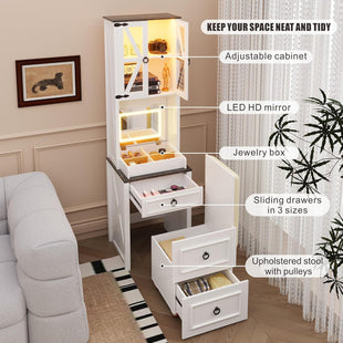 Compact Vanity with Hidden Chair | Mini Dorm Organizers and Storage Dressing Table Desk Gift for Girls Lady with 2 Large Drawers Shelves Mirror Lights for Small Bedroom (White)