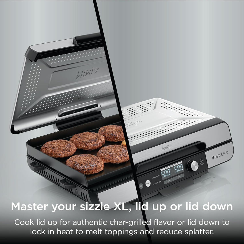 Ninja Sizzle Pro XL 20-Inch Indoor Griddle + Grill, Detachable Ventilated Lid, Grease Control, Ceramic Nonstick Plates, Even Edge-to-Edge Cooking, Extra Large Capacity, Versatile, Silver, GX101