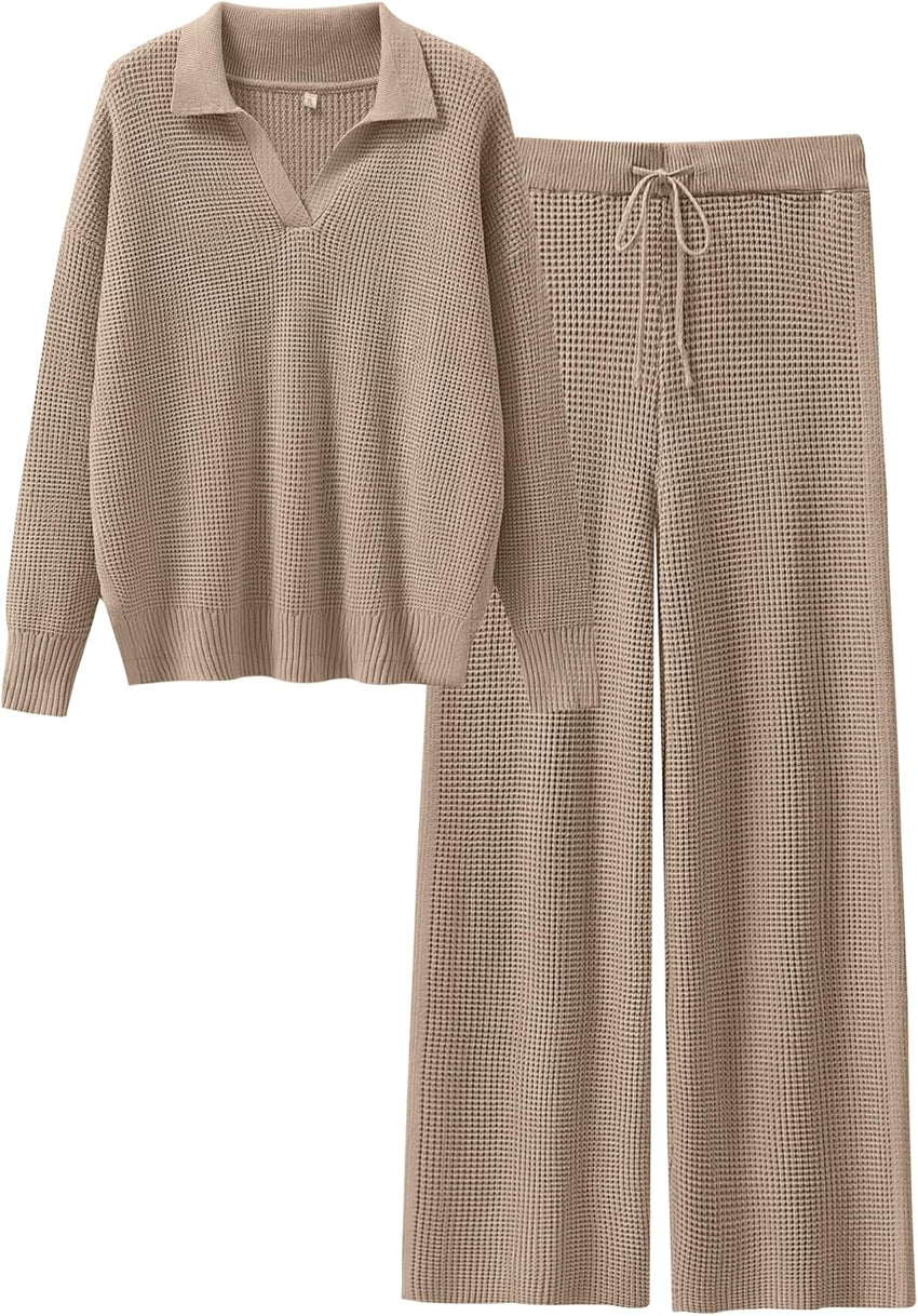 ANRABESS Women Two Piece Outfits Sweater Sets Lounge Waffle Knit Pullover Matching Wide Leg Pants Tracksuit 2025 Fall Fashion