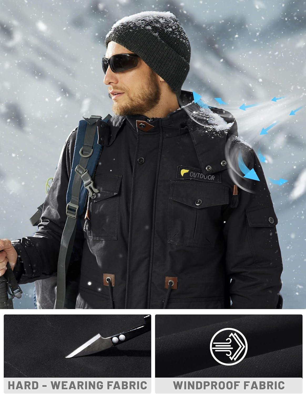 7DAY'S Men's Winter Jacket Cotton Military Jackets Fleece Lined Thick Work Warm Cargo Coats with Hooded