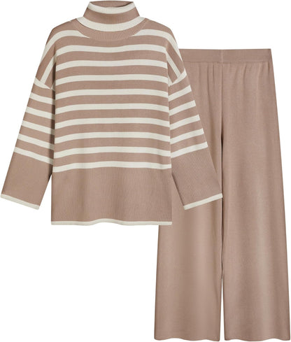 Tanming Women's Sweater Sets Long Sleeve Striped Jumper Tops Casual Knit Wide Leg Pants Sets