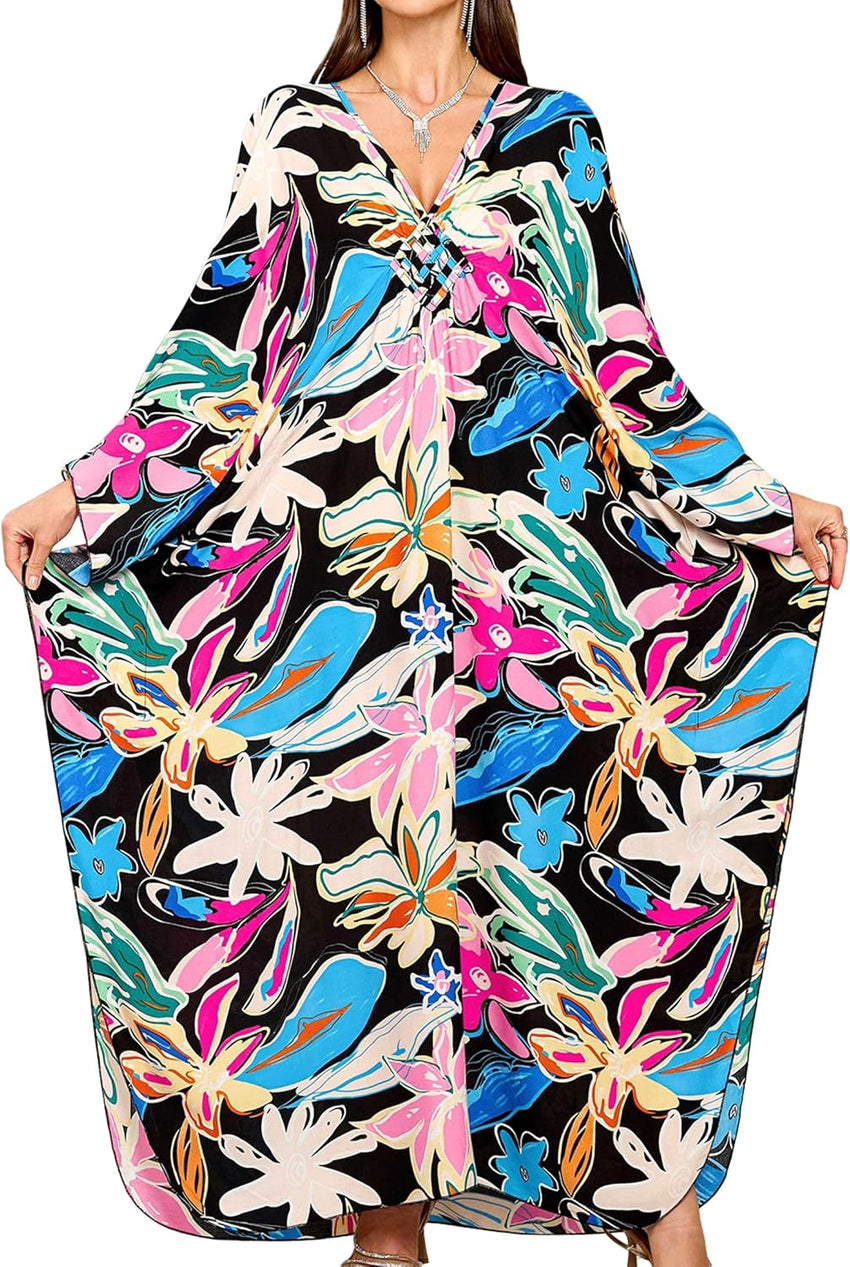 Women Kaftan Dresses Plus Size V-Neck Batwing Sleeves Beach Cover Up 2025 Summer Floral Print Caftan Dress