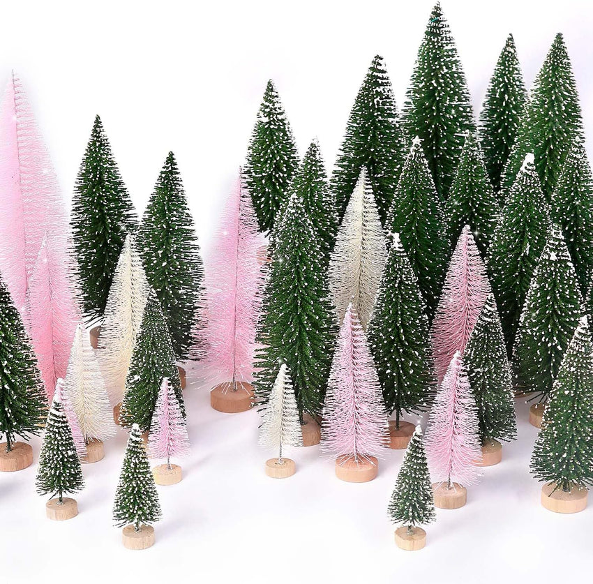 30Pcs Christmas Decorations Mini Christmas Trees, Artificial Christmas Tree Bottle Brush Trees with Wooden Base for Christmas Decor Christmas Party Home Table Craft