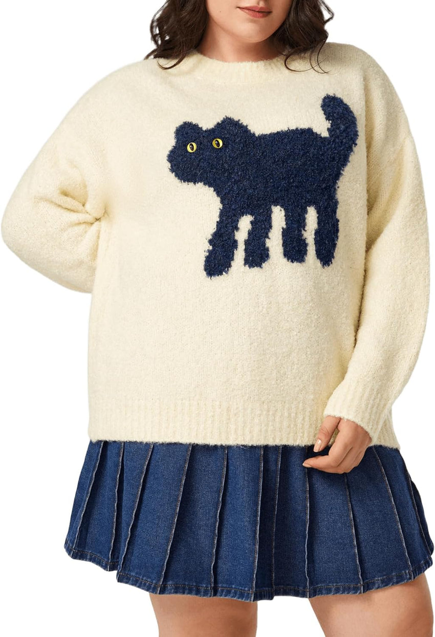 CIDER Women’s Cat Sweater Long Sleeve Crew Neck Fun Graphic Cute Patterned Pullover Sweater Tops