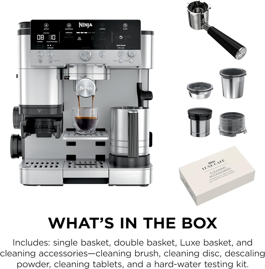 Ninja Luxe Café 3-in-1 Espresso, Drip Coffee and Cold Brew Machine | Intergrated Coffee Grinder, Milk Frother, Assisted Tamper & Built-In Espresso Accessory Storage | Stainless Steel | ES601
