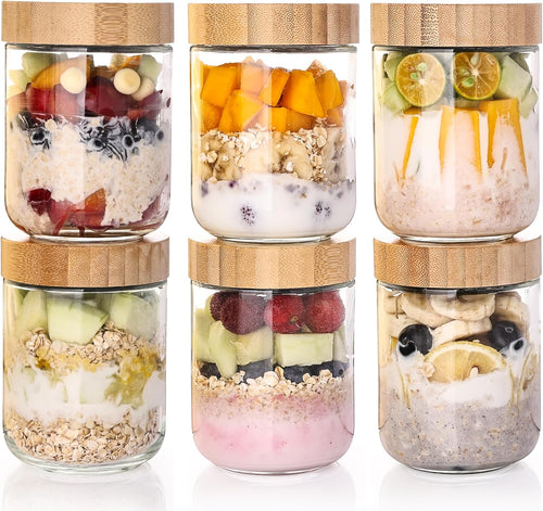 6-Pack Overnight Oats Containers with Bamboo Airtight Lids, 16oz Wide Mouth Mason Salad jars, Glass Food Storage Containers for Snacks Sugar Spice Yogurt